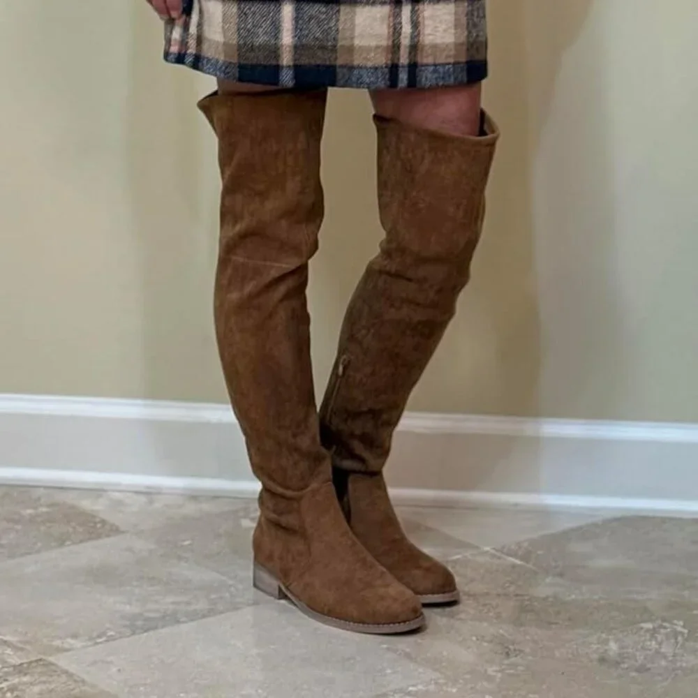 🆕Women's Brown Over The Knee Boots Thigh High Low Block Heel Pointed Toe Boots
